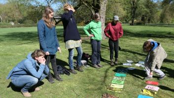 Fortbildungsteilnehmende betrachten bunte Karten mit farblich passenden Naturmaterialien im Bürgerpark
